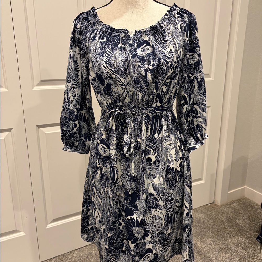 H&M Navy and White Patterned Long Sleeve Dress